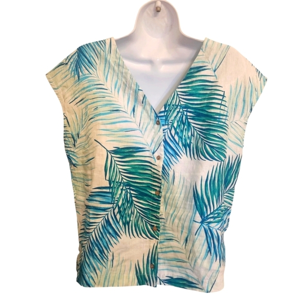 TAHARI LINEN TOP |  SHORT SLEEVE  BLOUSE | MINIMALIST SUMMER STYLE SZ SMALL - Picture 2 of 5